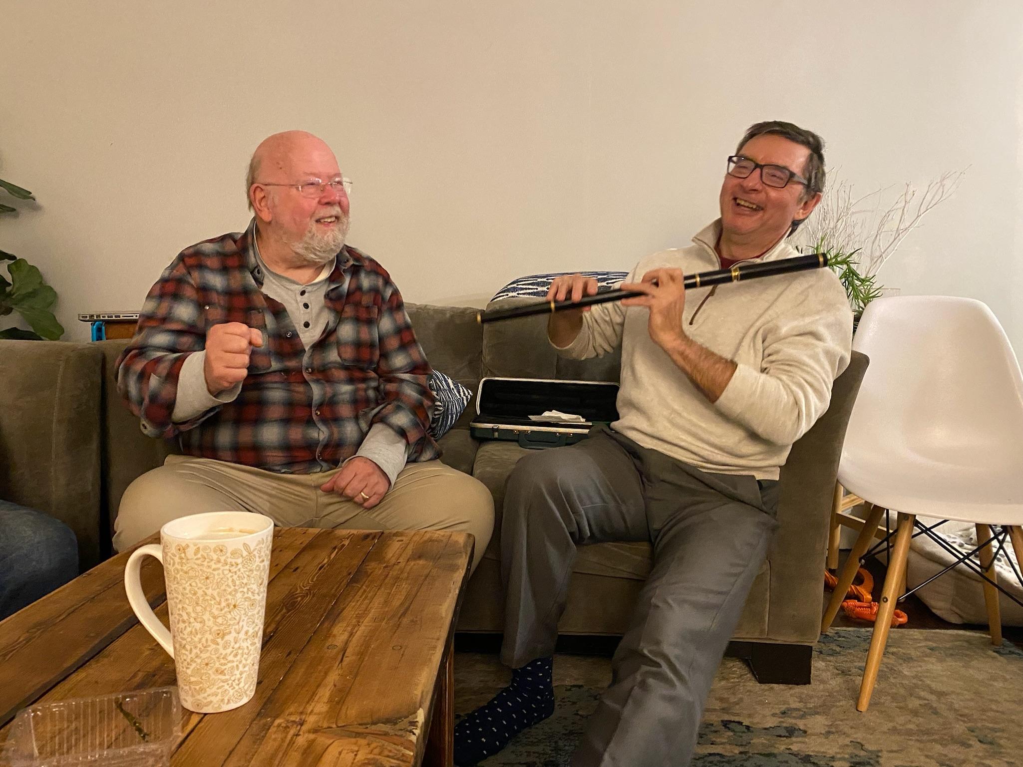 Karl and David Burton. David is Dads spiritual grandson and plays the flute. He came to play his famous Irish jigs for one of Dads birthdays and Dad cherished those memories and would rewatch the videos in his later years.
David visited once again in Dads last week to play for him one more time and we could all tell he was soaking it up.