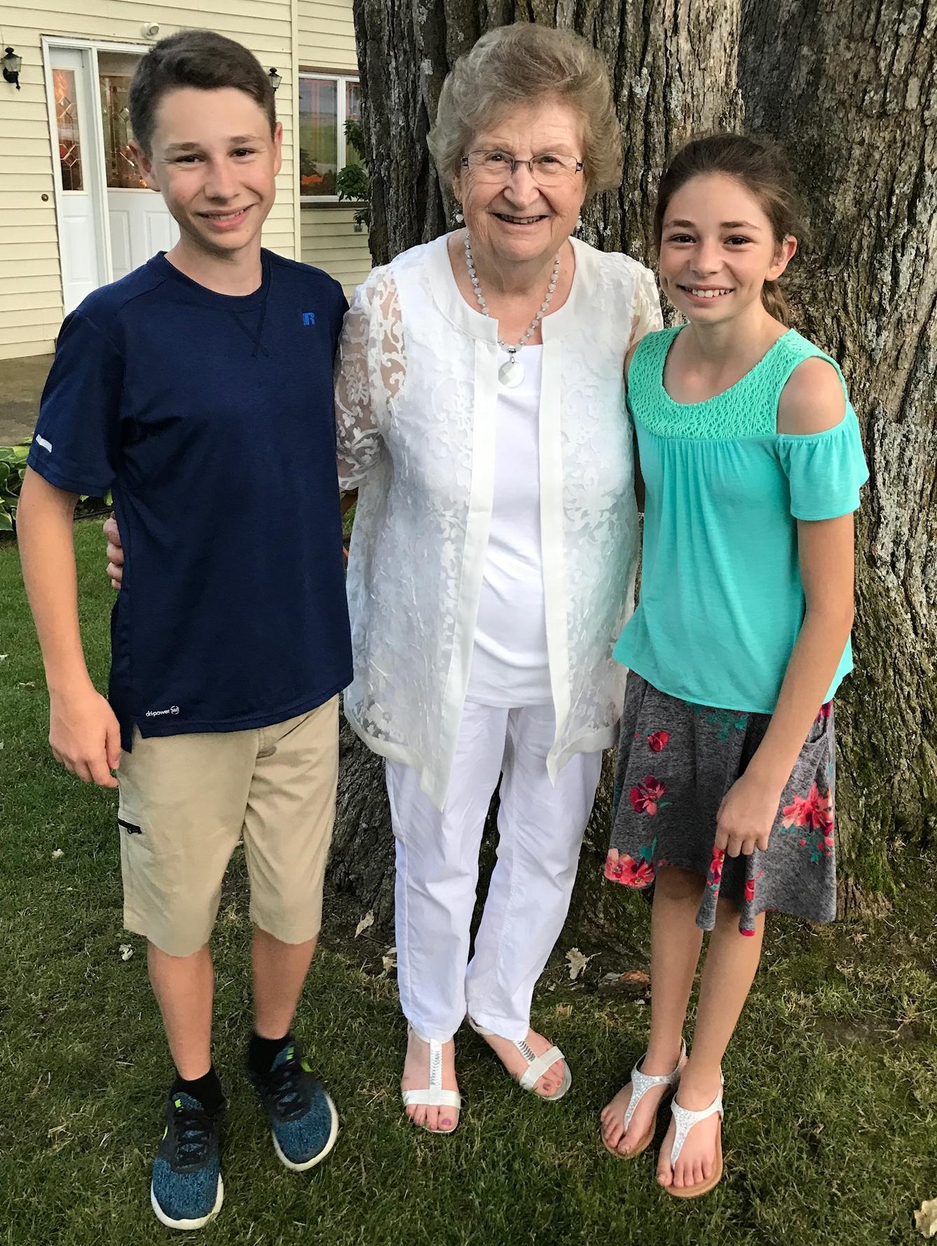 Our fondest memories of Grandma Hemesath are when we would drive to the farm to visit her and she would open the door and greet us with a big smile and a hug. Then we would walk in and immediately smell her famous cinnamon rolls. We will miss you Grandma and we will cherish all the time we spent with you.