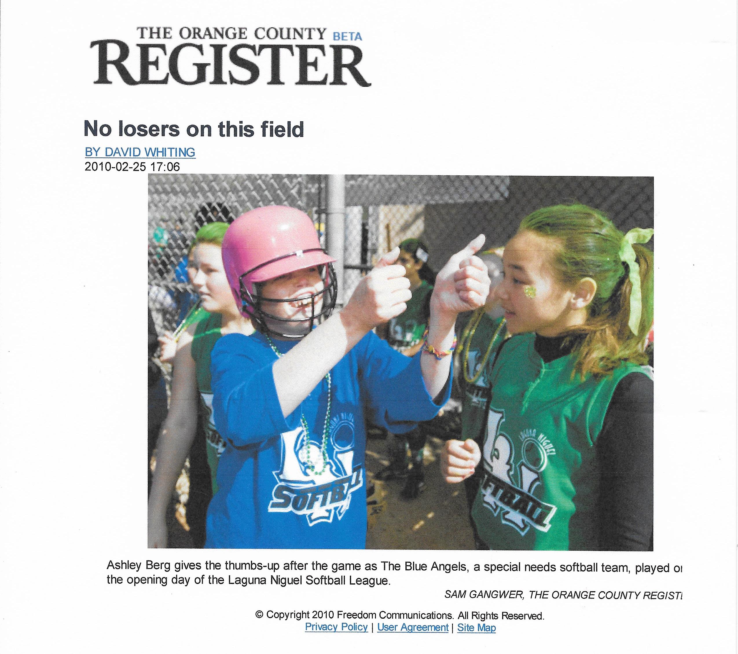 Ashley featured in the Orange County Register. In case she didn't tell you, Ashley always hit a home run and would demonstrate with a swing and sound of a bat, along with a kick.