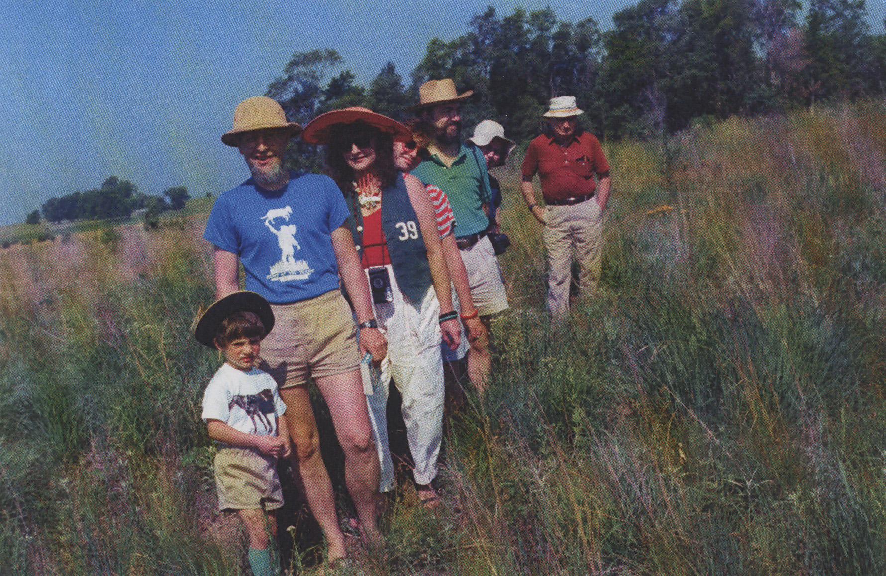 The Smilers visit Iowa. Betty and Max there, too. June 1987. Taking a walk in a prairie preserve near the Milner-Brage's home in Cedar Falls, Iowa. L to R: Jules, John, Ruth, Alice, Chuck, Betty, Max.
