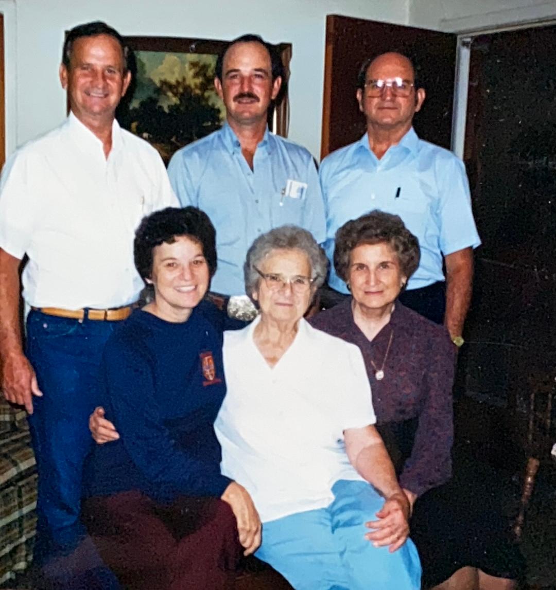 Top right to bottom left, Gerri's siblings and mom:
Monroe "Buddy", Tim, Fred
Gerri, Nana, Bernice
(Sister Eunice, deceased)