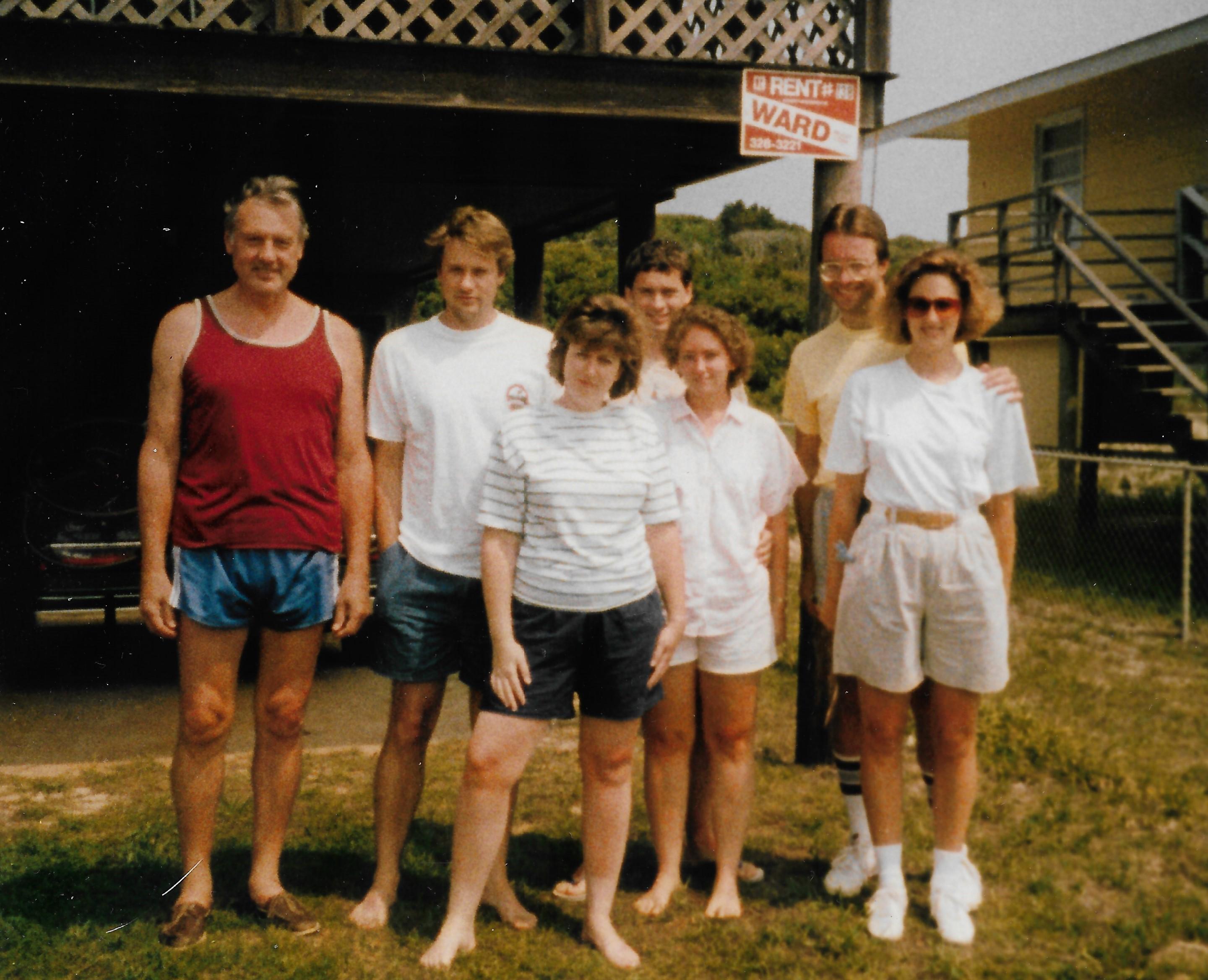 This picture is from 1989 (pre-kids!) when the Hutchersons went to the beach together (maybe Topsail???).  Granny Hutcherson was taking picture.  Notice the big hair styles (and barefeet - we were young and free).  GQ!