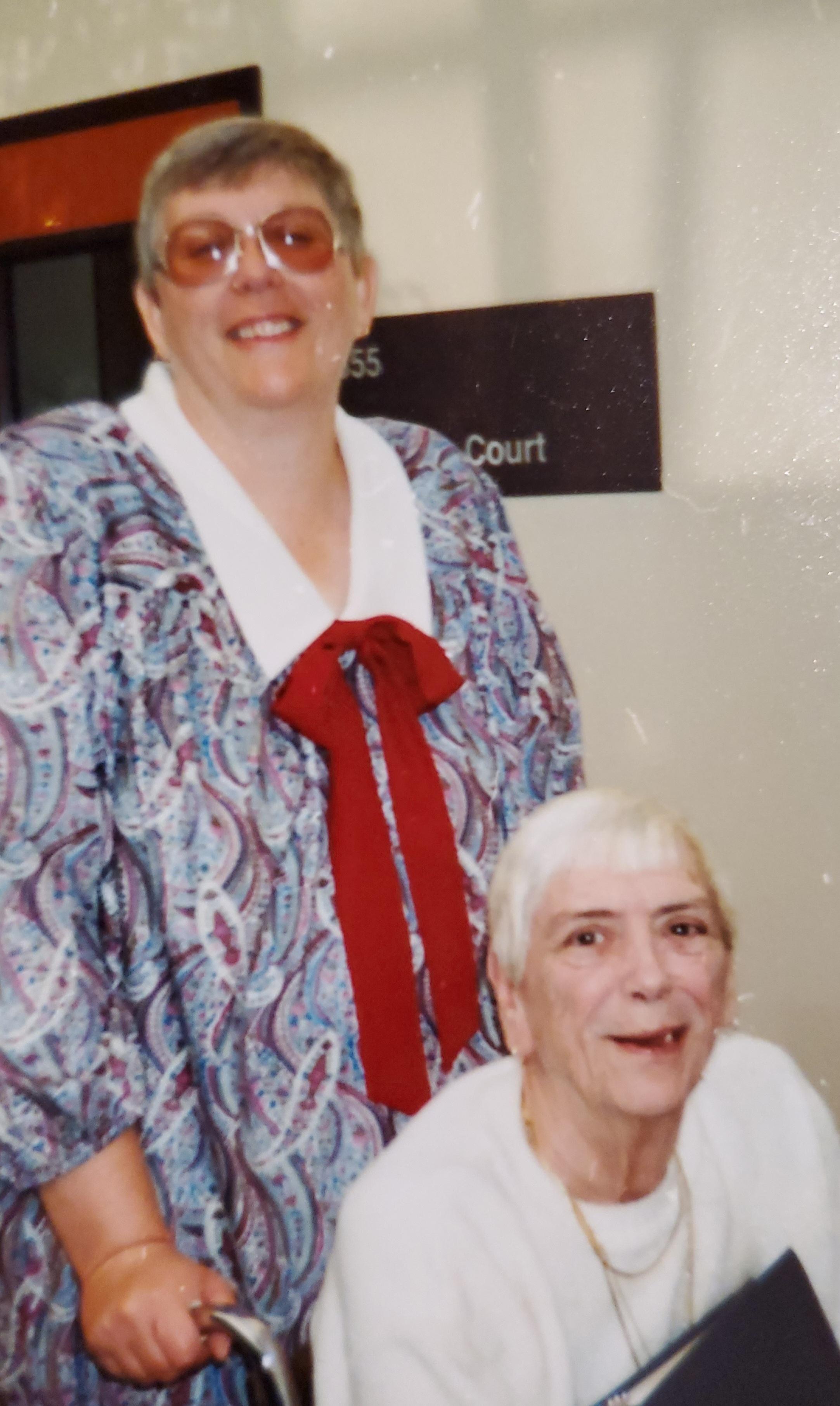 Carole with mom Ame 1989, going to April's (Lora's daughter) adoption hearing. 