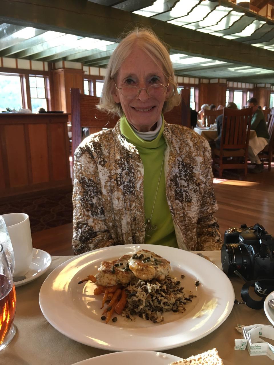 Marsha at dinner with Jeff and Delaine on one of many US National Parks trips.