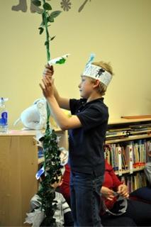 Climbing the beanstalk in the play in kindergarten.