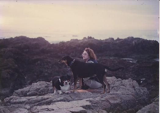 Ruth with two of her beloved dogs--Daisy, the Doberman, and the corgi, Mickey. On the coast near New Bedford, MA
