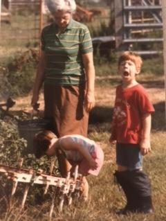Grandma you are missed.  I am thankful I got to be apart or your life, and that you were in mine.  Thank you for the good times and for sharing your memories.

Pictured is Leah and I doing chores with Grandma.  She always had several pairs of mud boots and an old army shirt that we would wear.  Her house was one of my favorite places growing up.  