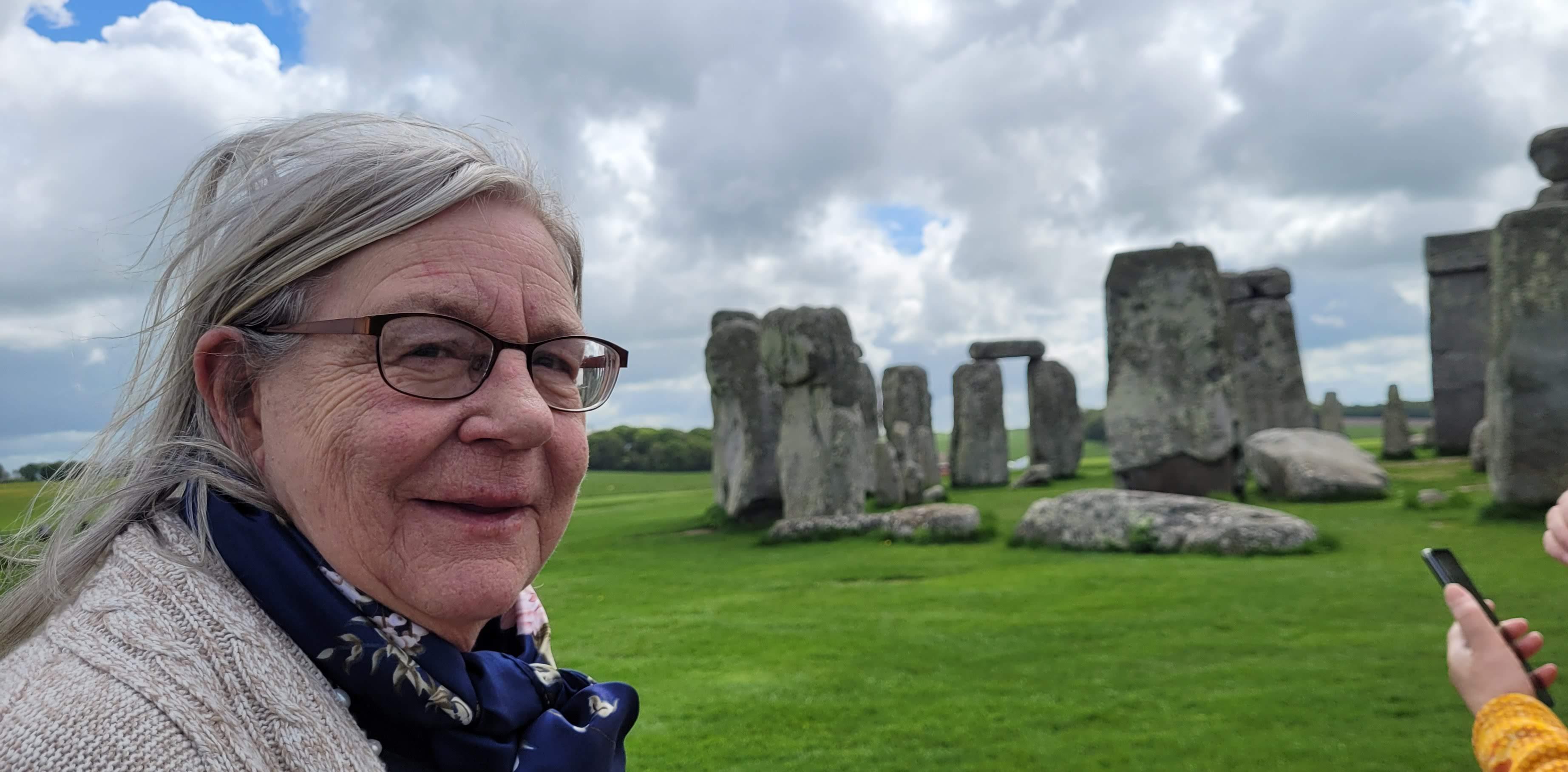 This is mom at Stonehenge in early May 2023. She took all three of us on a beautiful European cruise, as "Mom's Last Hurrah." It was an amazing trip. She felt strongly that we girls got the opportunity to experience other countries.