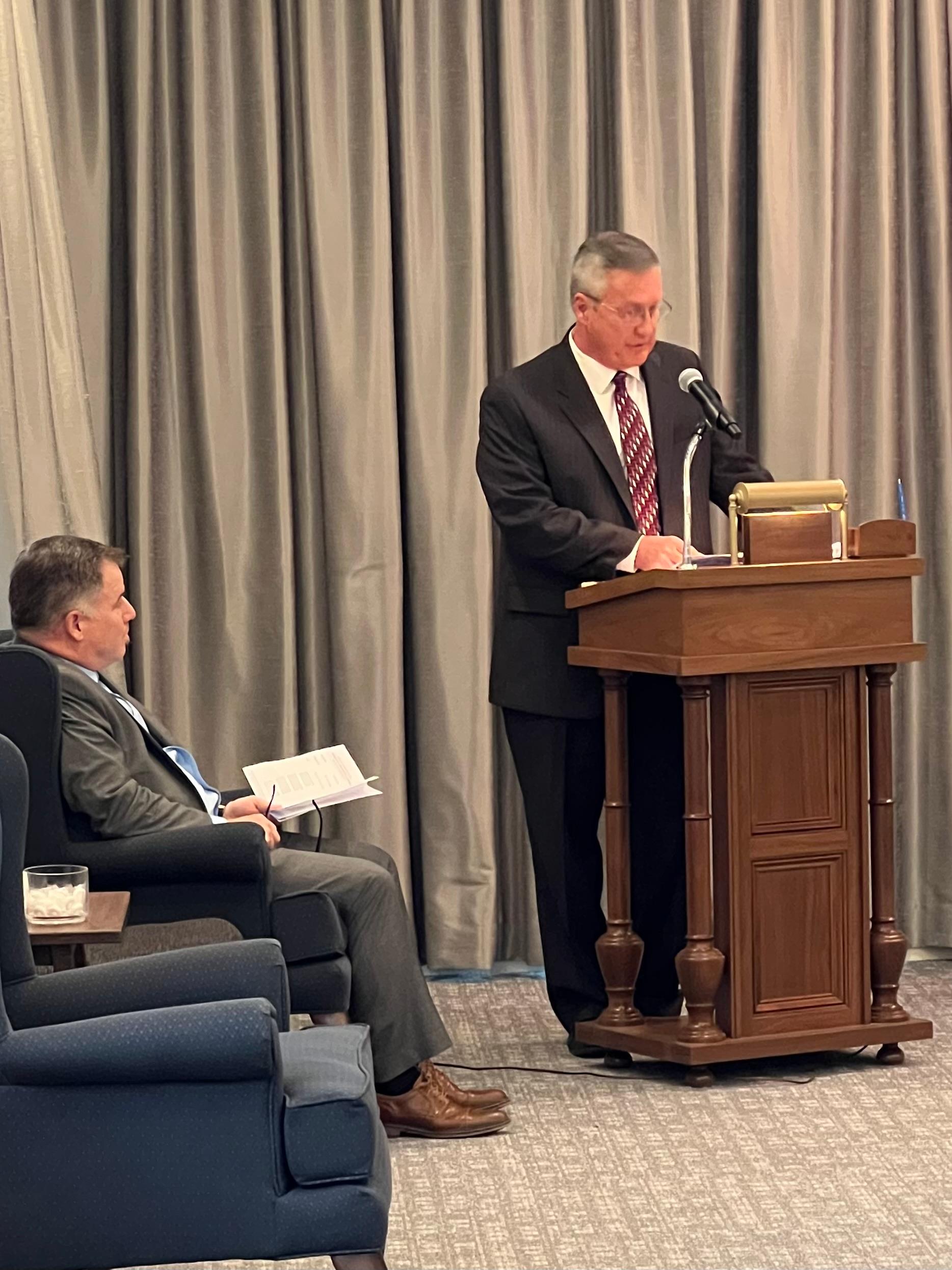 Lyman's beloved nephew Craig, his sister Vandy's son, reading a letter from his mother and paying his respects. Pastor Dan Andrews seated to the left