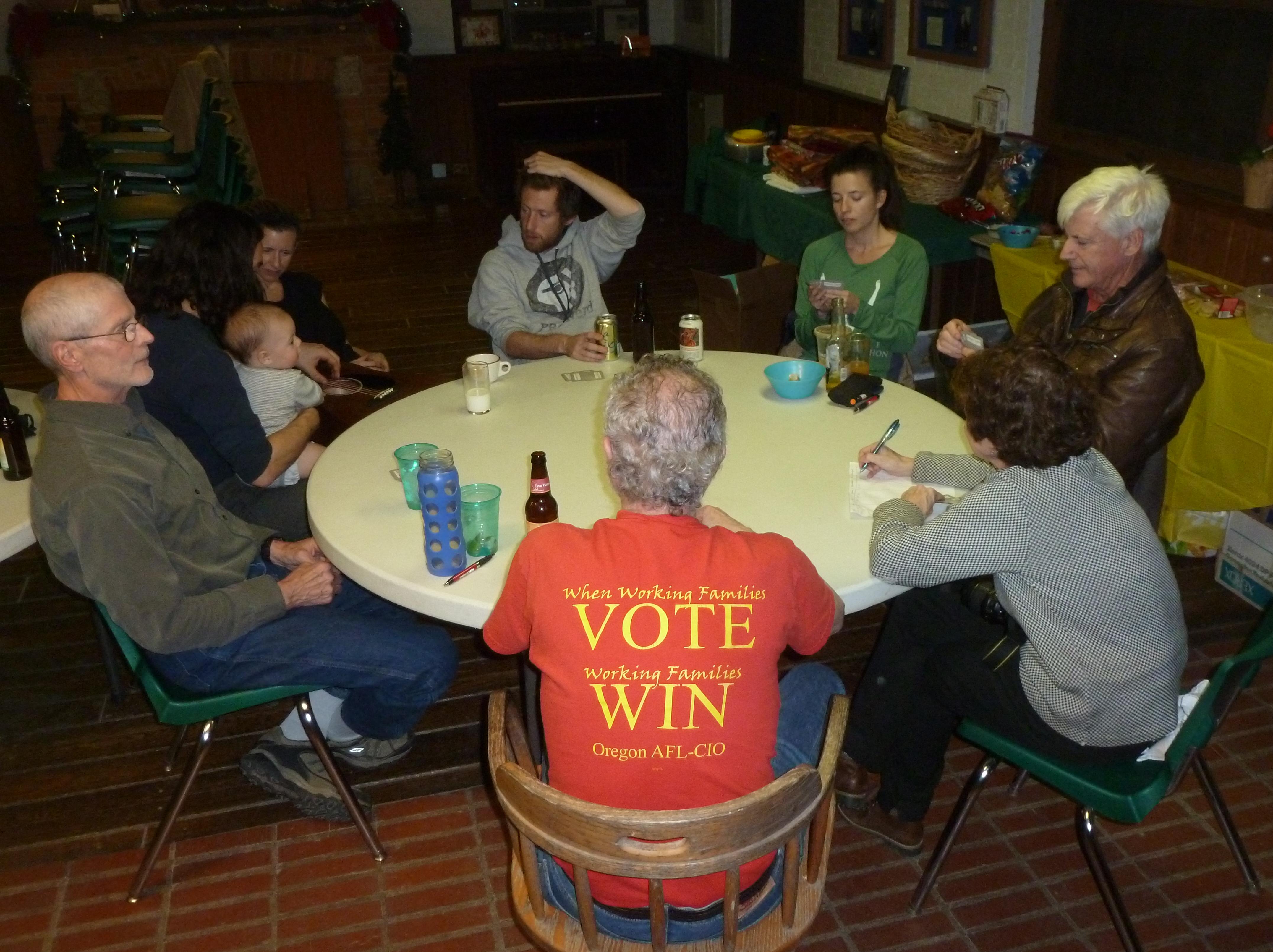 A friendly game of cards Thanksgiving night at Horn Lodge (Macomb, IL). Tim with his back to us. Great t-shirt! Tim and I always talked politics on the phone. He, of course, was commited to labor organizing. At my dad's funeral, Bridgid mentioned in her eulogy that if Tom was giving the eulogy, he would talk about the environment; I would sneak in something about Obama (just prior to his election.), and Tim would talk labor. All gifts of commitment nurtured by our parents.