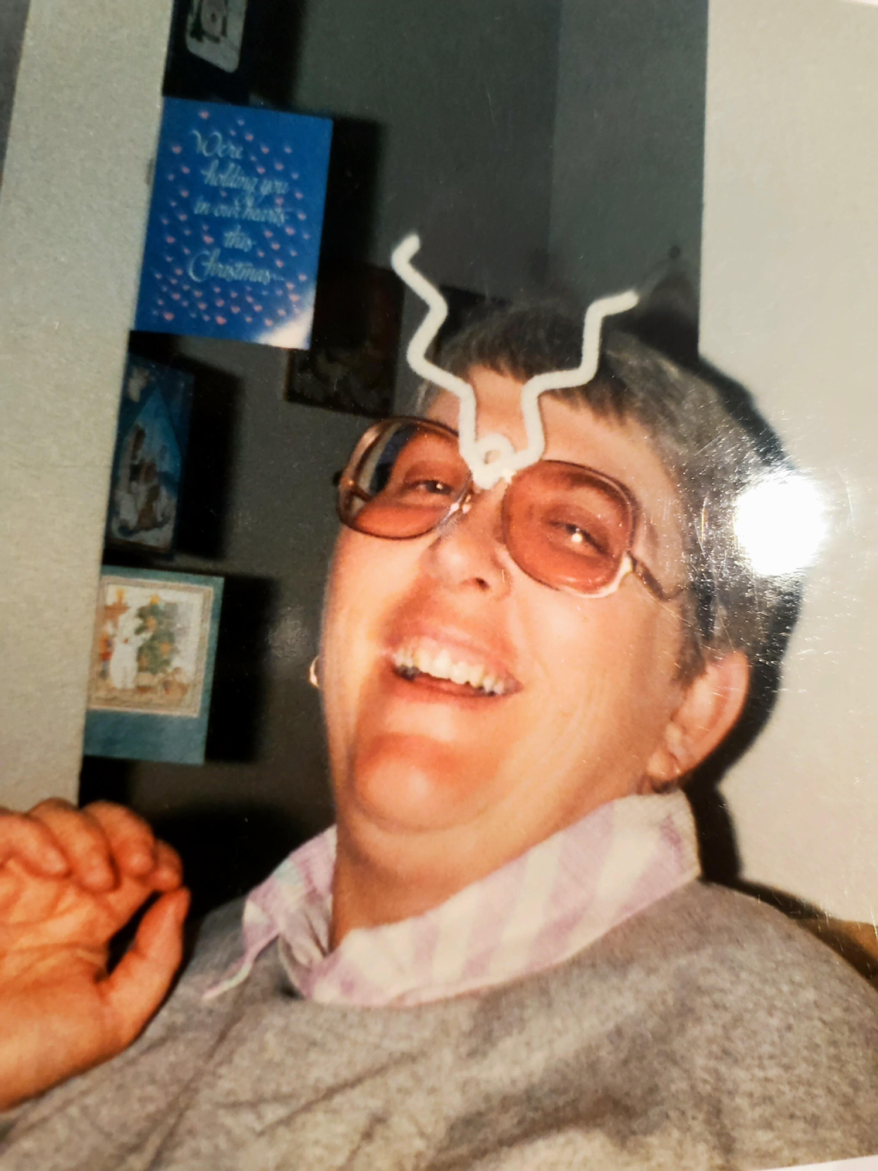 Carole wearing "antlers" at Christmas 