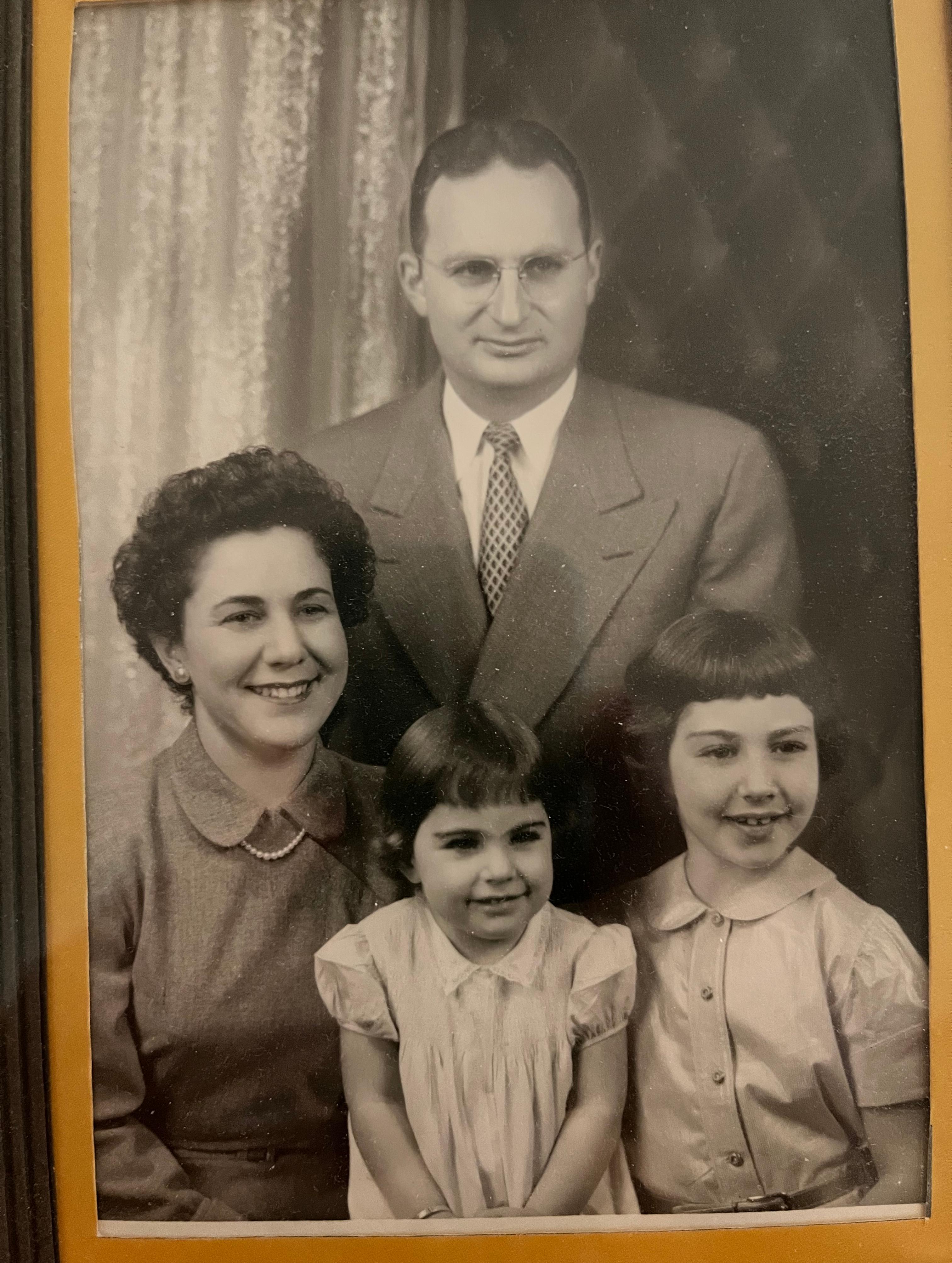 The Milner family ~1955. Betty & Max with daughters Ruth, on right, Marci, in the middle. We were living in Manhattan, Kansas, where my father was a grain chemist at Kansas State University. This portrait taken soon before our father left for 6 months working at the Technion in the newly formed State of Israel.