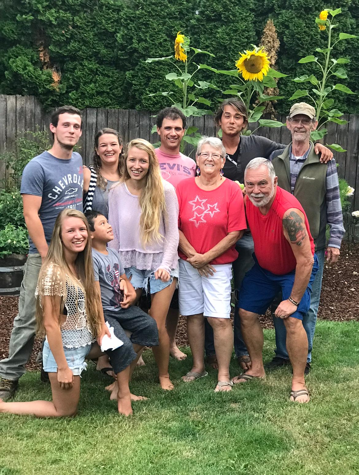 Dylan, Elisa and Eric, Miranda’s friend Ben, Art in the back. Mariah with Armando, Miranda, Nancy and Mike in front. 2019