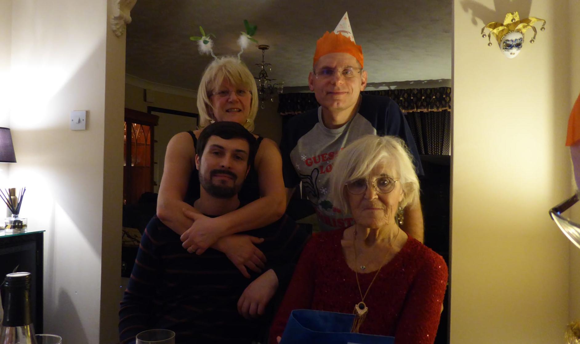 Sue Pich, Niece; Terrence Rusch, grandson, (below Sue), Mike Pich; nephew-in-law; and Bird. Taken in Bowden England, Christmastime 2017