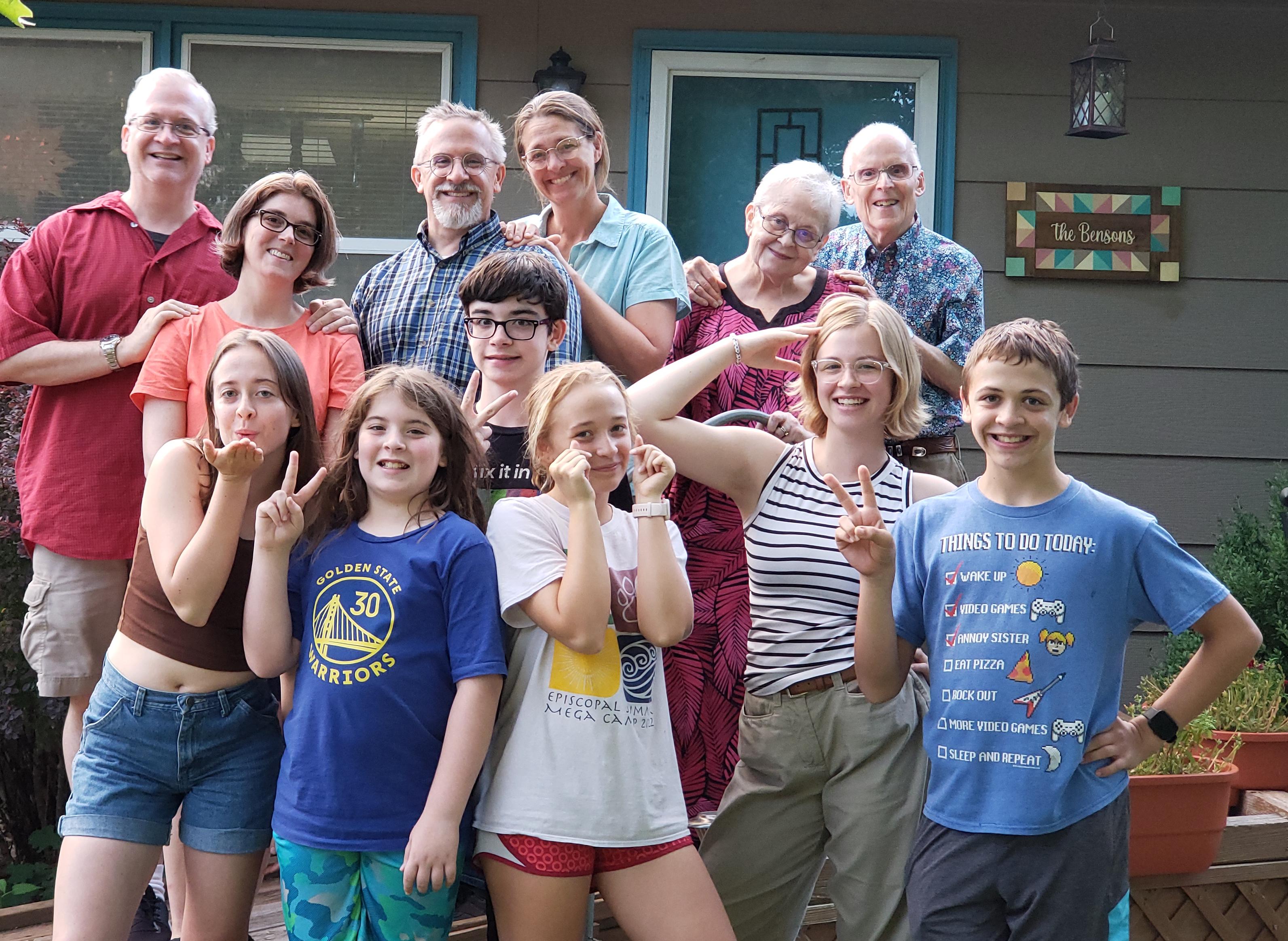 Doug Benson (back right in this photo), passed away on Wednesday, December 6 after a valiant attempt to beat a surprise cancer. Those of you who knew him may have known him as a language professor, an active community member, a mentor, a classical guitarist, or simply a good human. To his family, he was a husband of 58 years to Cecille Herrell Benson, a grandpa of 6 fantastic Bensons, the eldest of 4 siblings, or to my brother Eric Benson and I, he was dad. Vaya con Dios, dad.