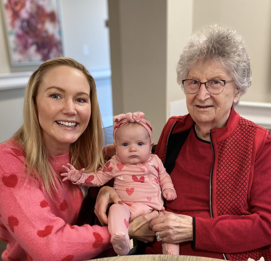 One of the brightest lights in Vivian's final year was spending time with her great-granddaughter Sloan. Even on days when her thoughts and words were overcome by memory loss, Vivian was always able to articulate her joy for baby Sloan. This photo was taken on Valentines Day 2023 at Vivan's rest home in Omaha, NE.