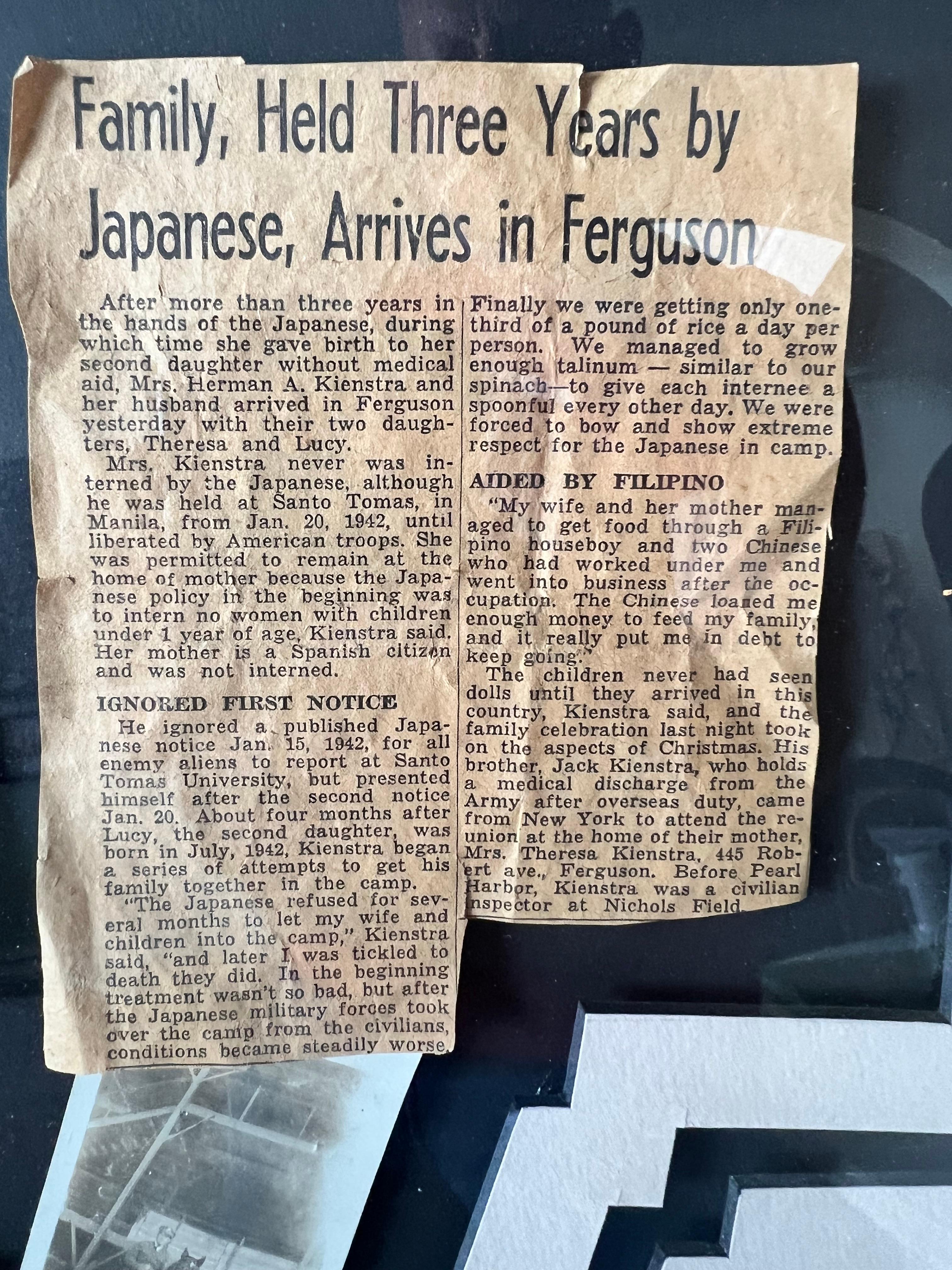 Newspaper article about them being held prisoner in the Philippines during WWII