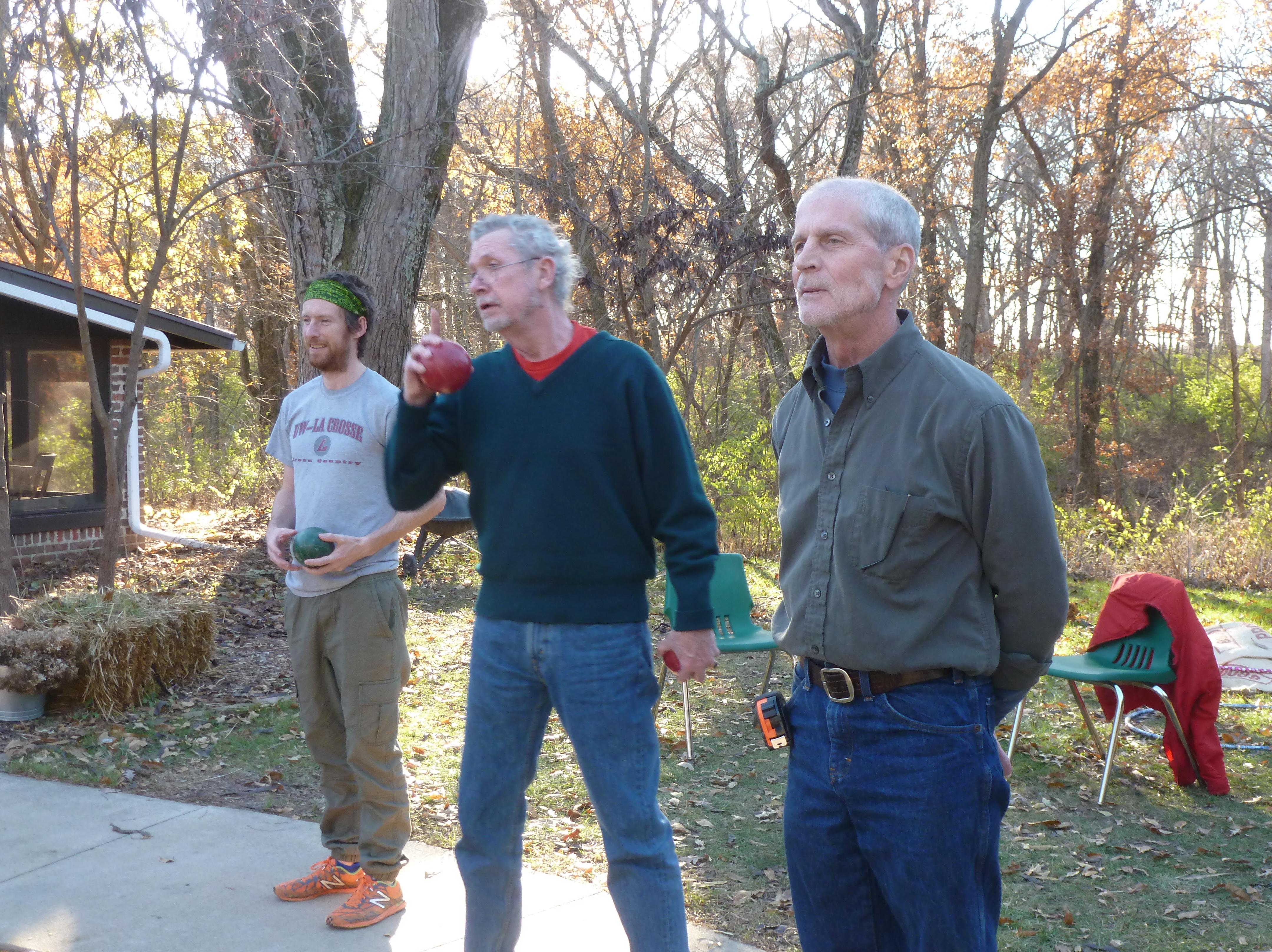 A little bocce ball on Thanksgiving Day at Horn Lodge (Macomb, IL). Tim with nephew, Brian, and BIL, Dan. (Late November without coats!)